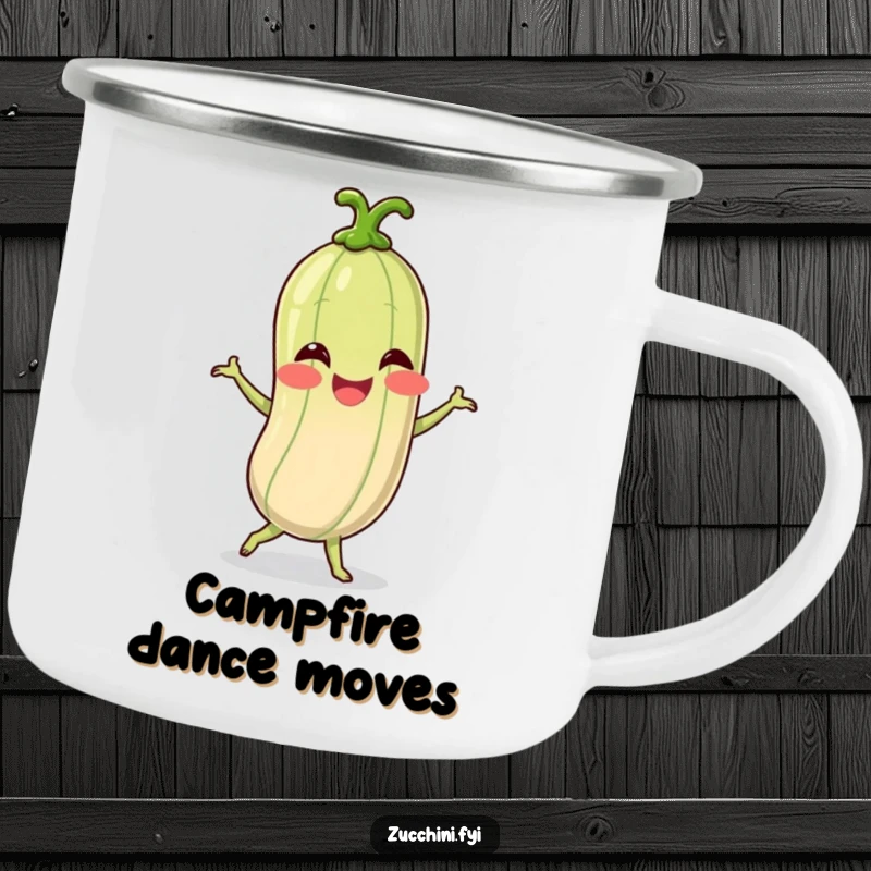 Funny camping mug depicting a giggling spiralized zucchini character dancing joyfully, ready for outdoor fun and merriment.
