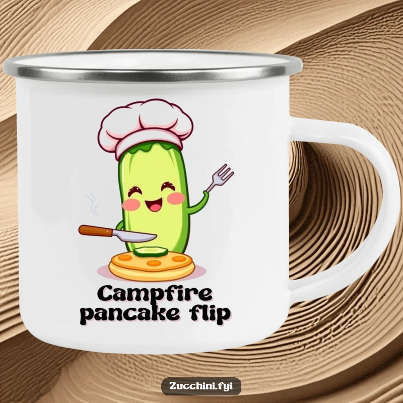 Funny chef zucchini camping mug featuring a happy character flipping a pancake, perfect for outdoor use and a humorous culinary gift.