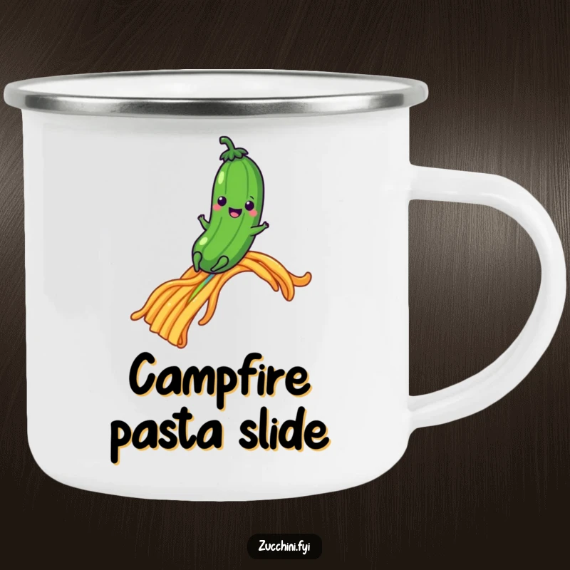 Funny zucchini sliding down a pasta rainbow on a camping mug, whimsical outdoor humor.