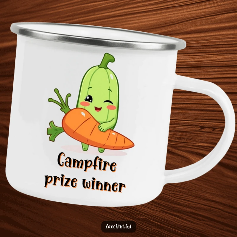 Funny camping mug featuring a winking zucchini holding a large carrot, perfect for humorous outdoor sips.