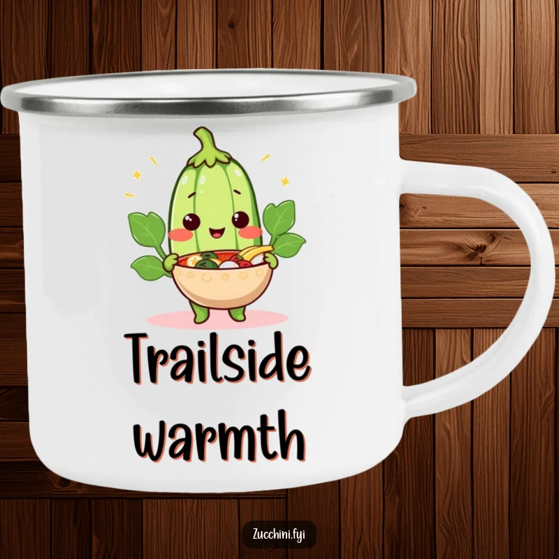 Funny cheerful zucchini camping mug showing a smiling vegetable offering a steaming bowl, great for warm drinks outdoors.