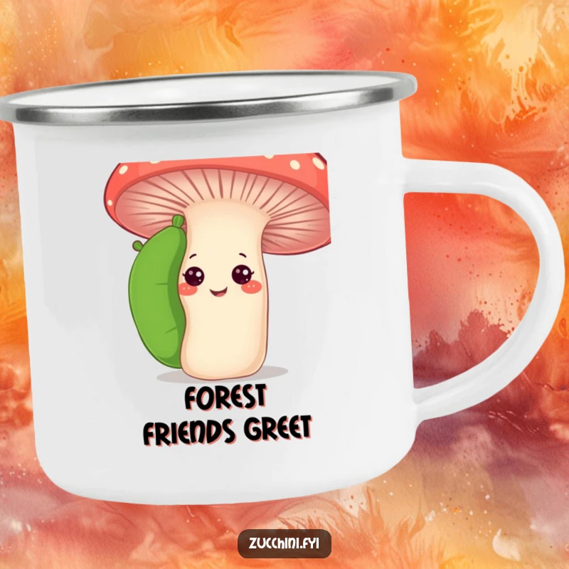 Funny curious zucchini camping mug with a zucchini peeking from behind a smiling mushroom, perfect for drinks with garden humor.