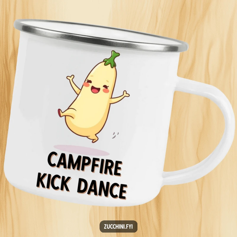 Funny Camping Mug with a dancing zucchini enthusiastically performing a high kick with joyful energy.