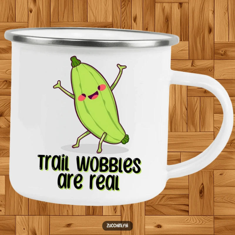 Funny kawaii zucchini performing a wobbly cartwheel on a durable camping mug, ready for outdoor adventures.