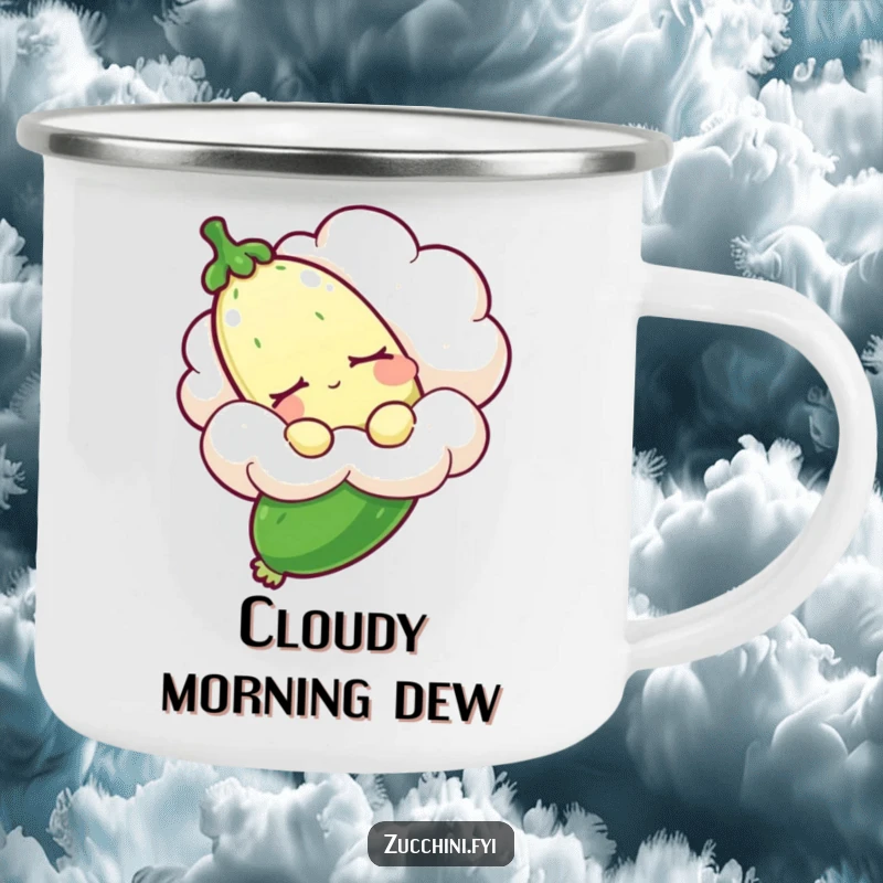 Funny sleepy zucchini camping mug with a drowsy zucchini on a cloud, perfect for warm drinks during outdoor adventures with humor.