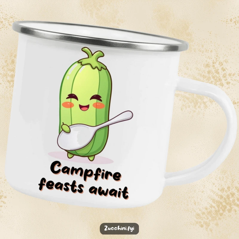 Funny camping mug with a winking zucchini holding a comically large spoon, perfect for outdoor culinary fun.