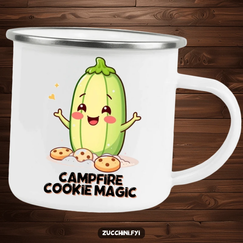Funny Camping Mug: A jubilant zucchini covered in flour, winking playfully while baking cookies, perfect for outdoor baking fun.
