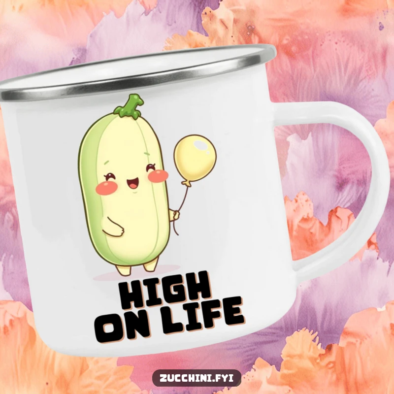 Funny camping mug, a delighted zucchini with rosy cheeks holding a small balloon, perfect for rugged, cheerful exploration.