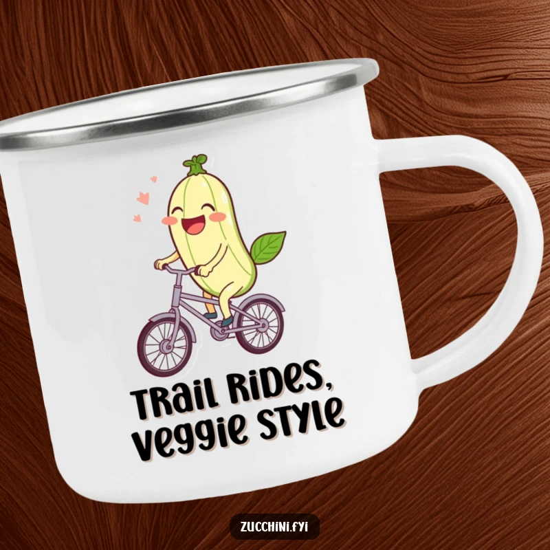Funny Camping Mug: A laughing kawaii zucchini rides a miniature bicycle, ideal for cheerful outdoor humor.