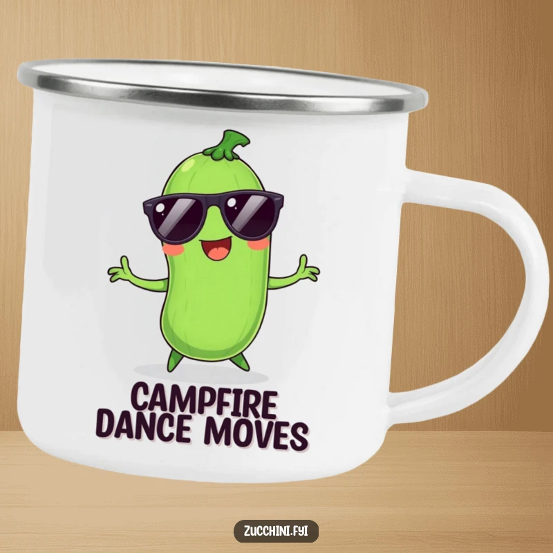Funny Zucchini Camping Mug: Durable mug featuring a smiling, dancing vegetable with sunglasses, perfect for outdoor fun.