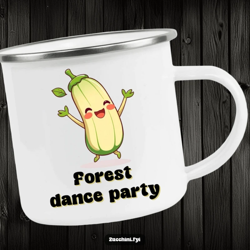 Funny Zucchini Camping Mug with a delighted cartoon zucchini joyfully dancing and moving its leaves, perfect for outdoor use.