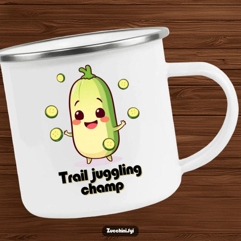Funny Kawaii zucchini camping mug featuring a happy juggling character, perfect for outdoor use and a humorous gift.