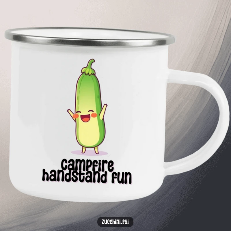 Funny camping mug featuring a laughing zucchini doing a handstand, perfect for humorous outdoor sips.