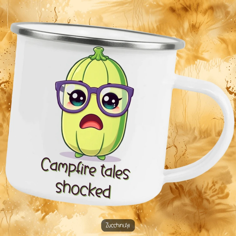 Funny Zucchini Camping Mug with a shocked cartoon zucchini wearing large, silly glasses, perfect for outdoor use and humorous sips.
