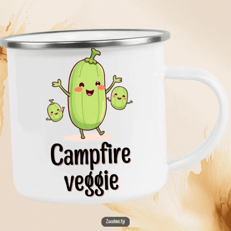 Funny zucchini juggling smaller zucchinis, depicted on a sturdy camping mug, showcasing veggie fun, funny gift.