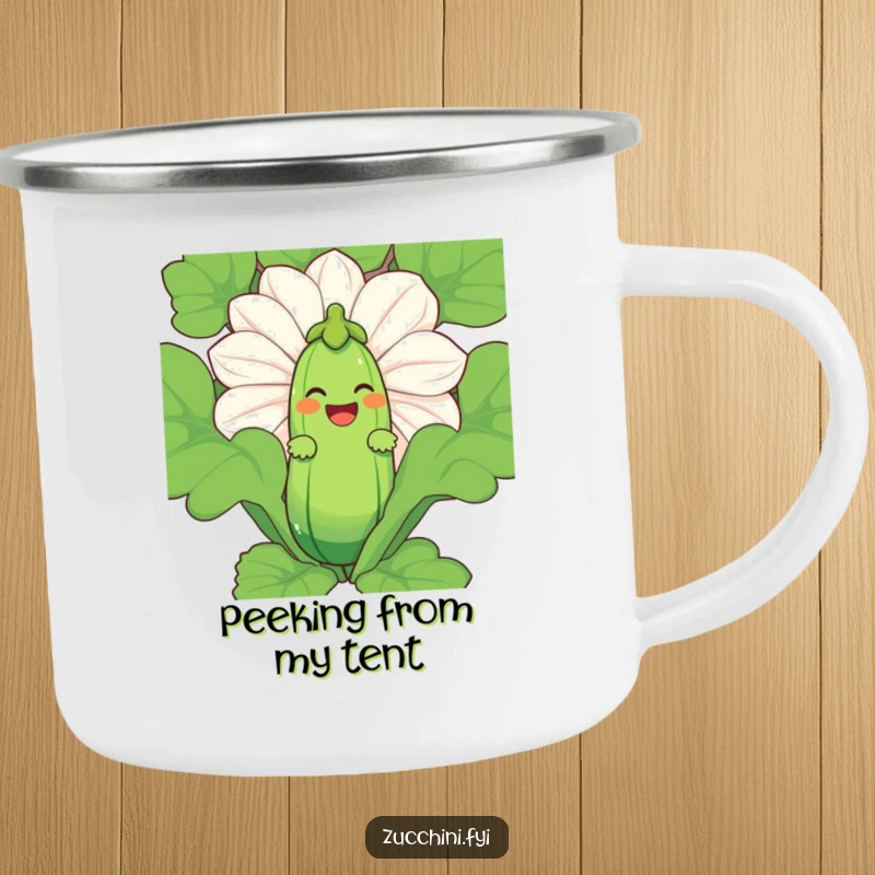 Funny Zucchini Laugh Camping Mug showing a laughing zucchini character peeking from behind a giant zucchini blossom.