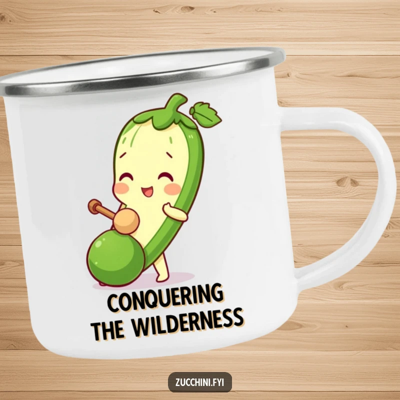 Funny Zucchini Mallet Camping Mug showing a zucchini character playfully bopping a tiny zucchini with a miniature mallet.