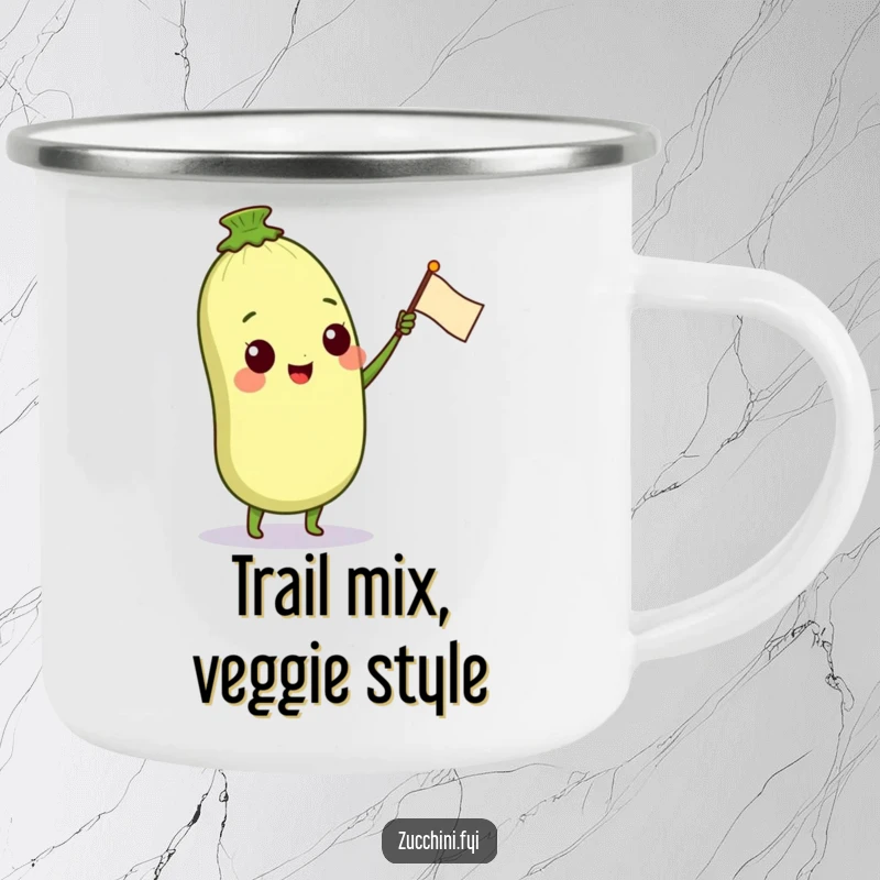 Funny camping mug with a happy anthropomorphic zucchini character waving a small petal flag, designed for outdoor use and bringing a cheerful vibe to campfires.