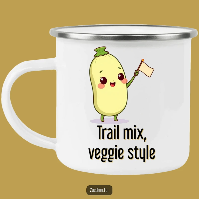 Funny Zucchini Trail Buddy Camping Mug: Happy Veggie Character Flag, Outdoor Gift
