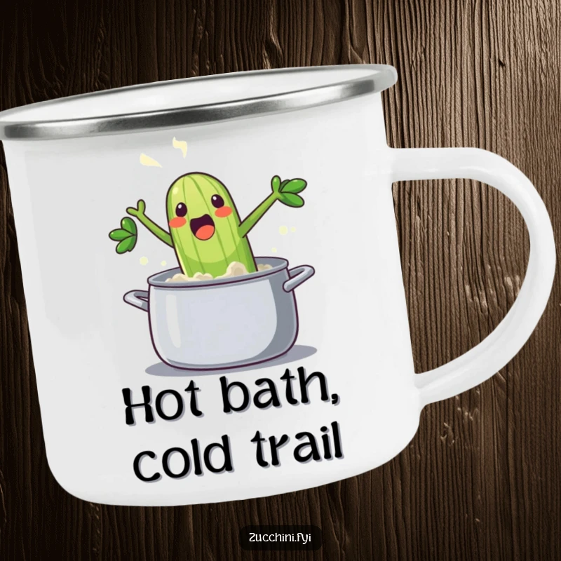 Funny zucchini camping mug: a steaming, excited vegetable jumping into a pot with a splash, ideal for humorous outdoor adventures.