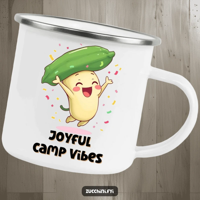 Funny zucchini camping mug with a joyful zucchini character leaping and showering confetti, ideal for festive outdoor celebrations and humor.