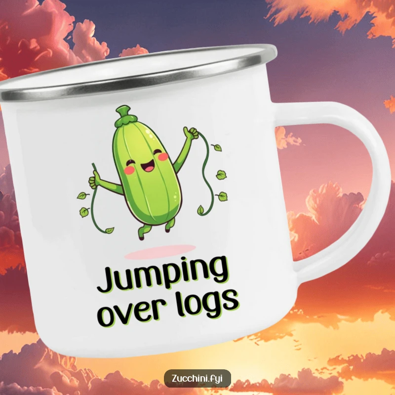 Funny camping mug with a giggling zucchini character jumping rope with a vine, bringing outdoor fun and vegetable humor to your travels.