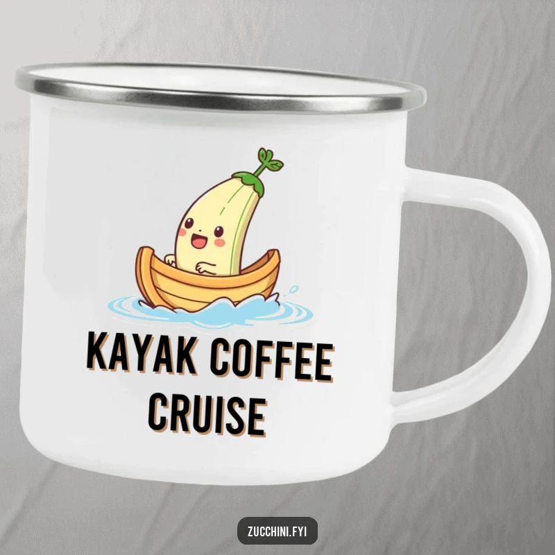 Funny camping mug depicting a jubilant zucchini boat character sailing on water, ready for outdoor expeditions and humorous tales.