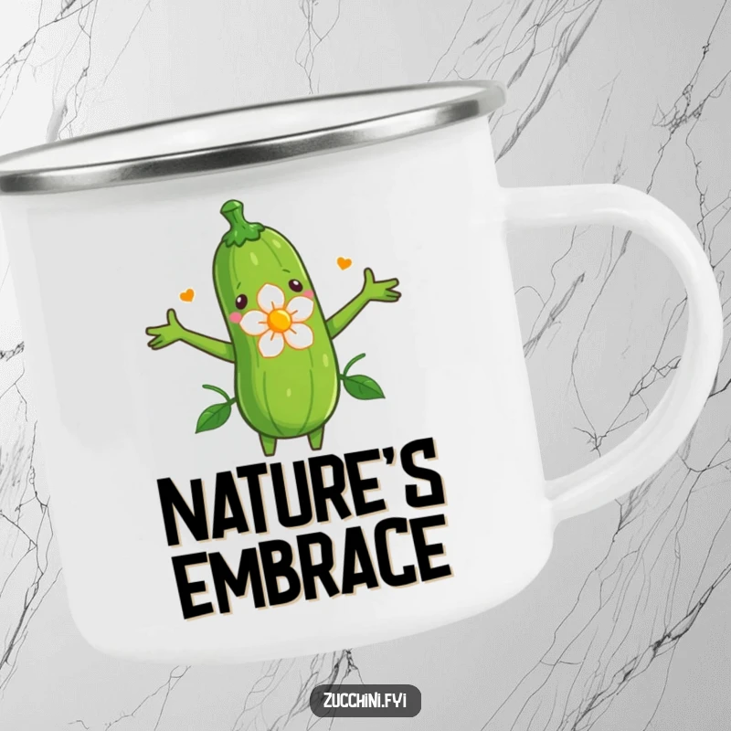 Funny camping mug with a zucchini holding its arms open to embrace a blooming flower.