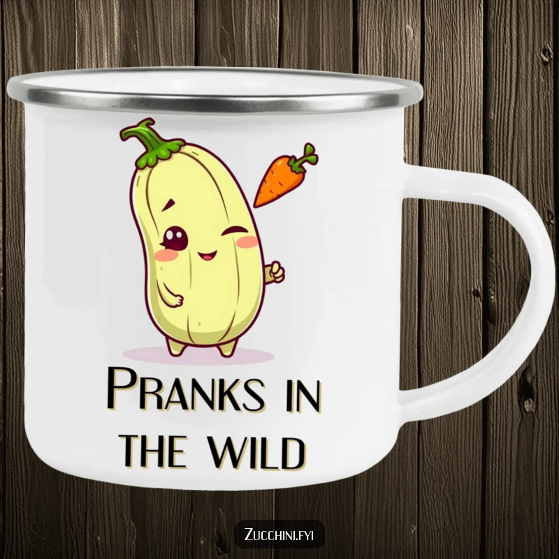 Funny mischievous kawaii zucchini winking and tossing a carrot on a durable camping mug, ready for playful adventures.