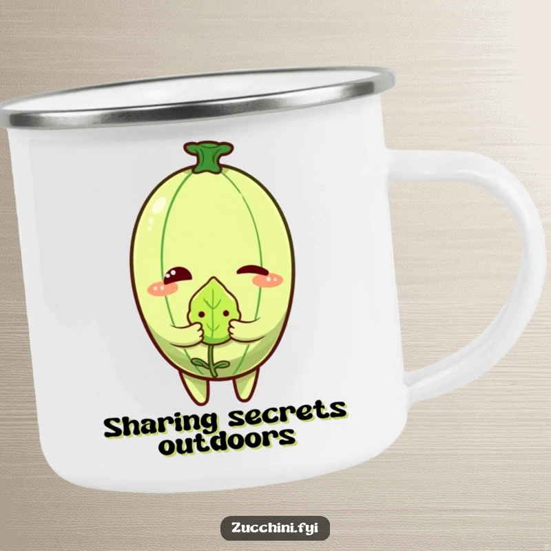 Funny Zucchini Wink Camping Mug showing a winking zucchini character holding a tiny, embarrassed leaf.