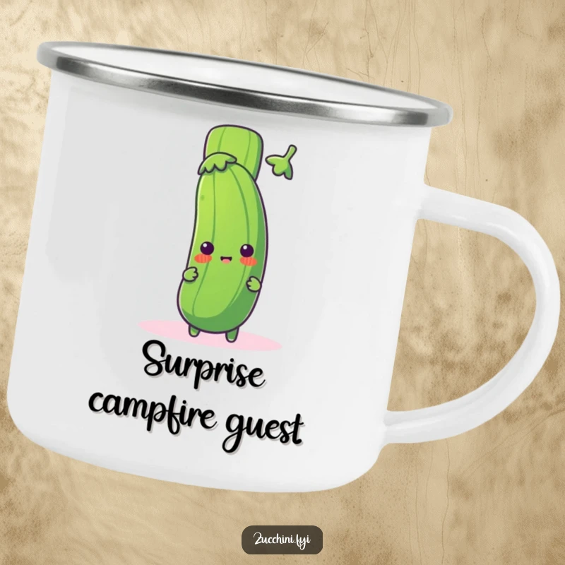 Funny zucchini camping mug with a cute zucchini character peeking from behind a giant exclamation mark, ideal for campfire surprises and humor.