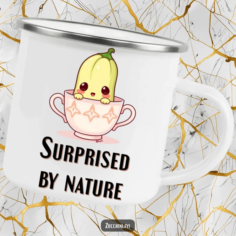 Funny Zucchini Camping Mug: Durable mug featuring a surprised zucchini peeking from a teacup, perfect for outdoor enjoyment.