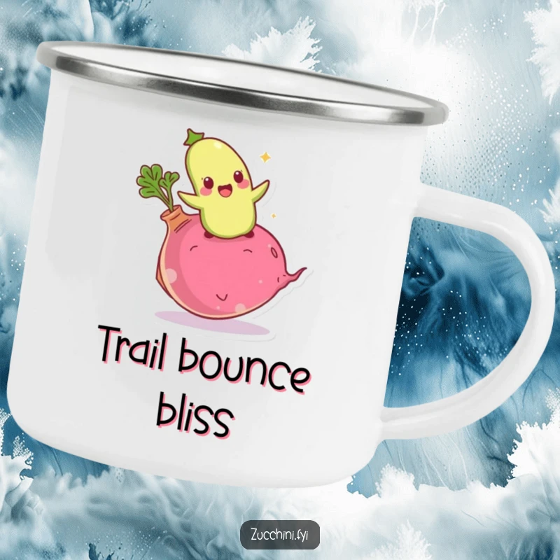 Funny giddy zucchini camping mug showing an excited vegetable bouncing on a giant radish, great for energetic drinks outdoors.