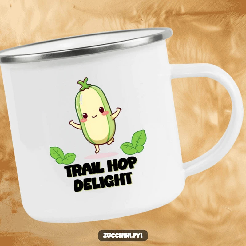 Funny kawaii zucchini hopping on one foot on a durable camping mug, ready for happy adventures.