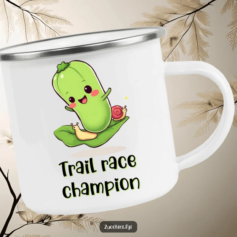 Funny camping mug featuring a cheerful zucchini racing a snail on a leaf, perfect for humorous outdoor sips.