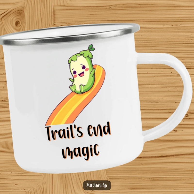 Funny camping mug with a zucchini character joyfully sliding down a vibrant rainbow, ideal for enjoying beverages during outdoor adventures.