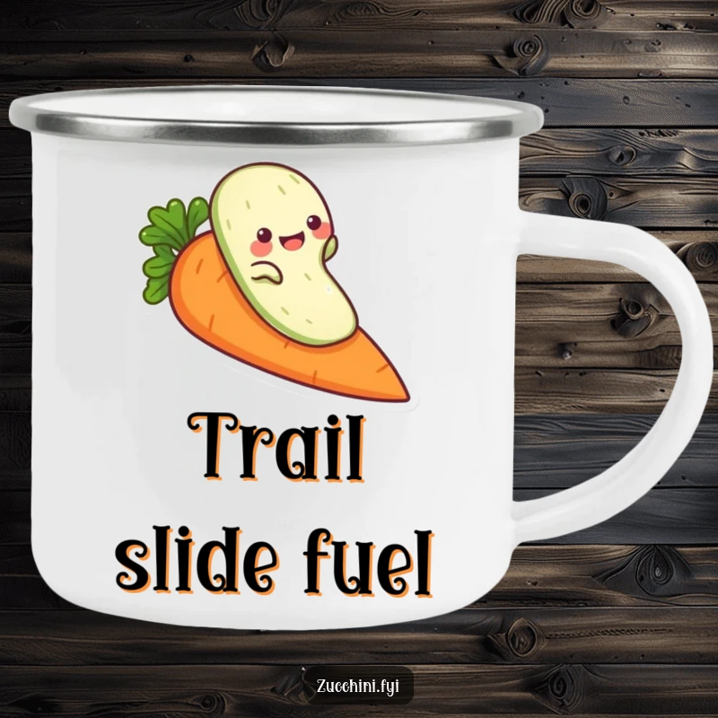 Funny zucchini camping mug, a playful veggie character sliding down a carrot, durable and humorous for outdoor use.