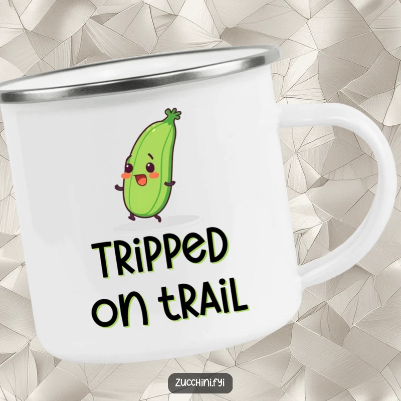 Funny camping mug with a wobbly zucchini tripping over its feet, perfect for enjoying drinks outdoors with clumsy humor.