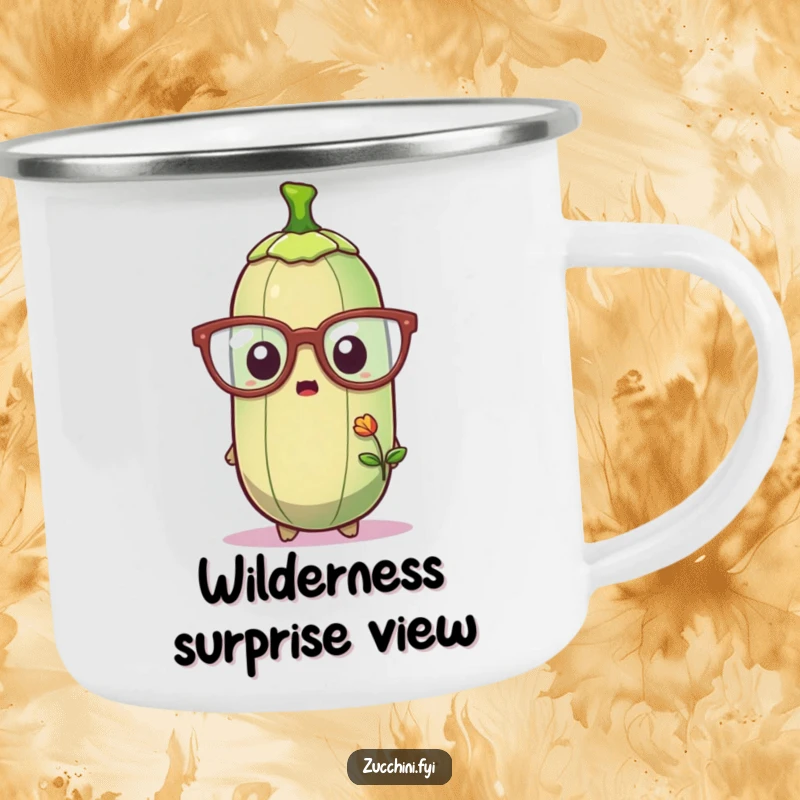 Funny camping mug with a zucchini wearing large glasses, looking comically surprised by a tiny sprout, ideal for enjoying drinks in the wild.