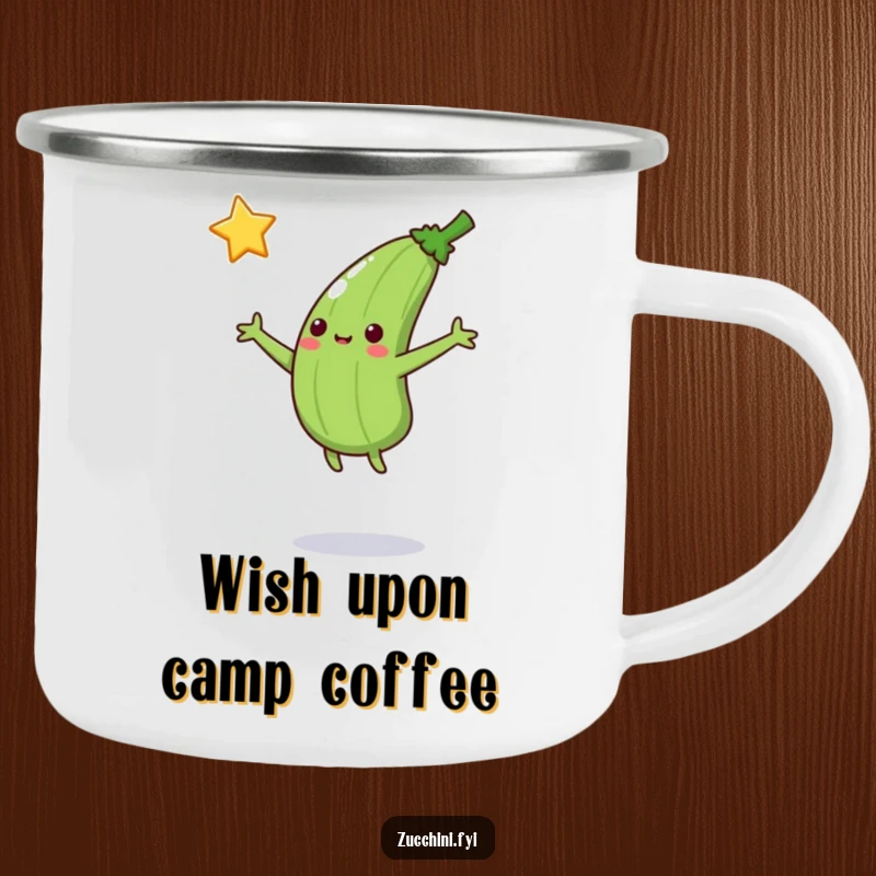 Funny Jumping Zucchini Camping Mug: A zucchini jumps to catch a falling star, perfect for humorous and inspirational sips during outdoor adventures.