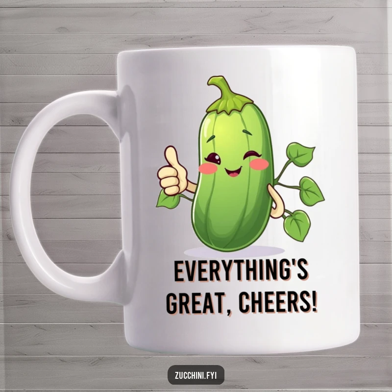 Funny Mug of a winking zucchini giving a thumbs up with its vine, conveying approval and fun.
