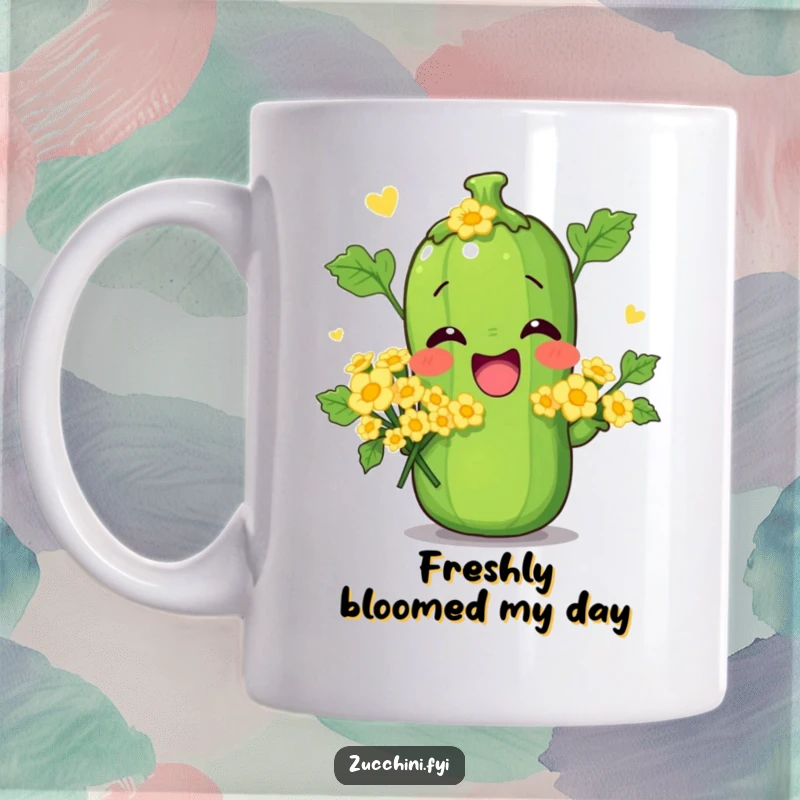 Funny mug showing a zucchini character in a silly pose, holding a bouquet of tiny zucchini flowers, exuding playful garden vibes.