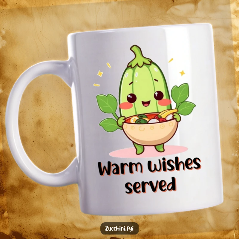 Funny cheerful zucchini mug of a smiling vegetable offering a steaming bowl, symbolizing warmth and shared joy.
