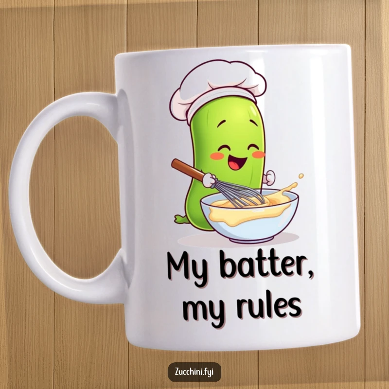 Funny chef zucchini with a hat vigorously whisking batter in a bowl, perfect for a humorous kitchen gift.