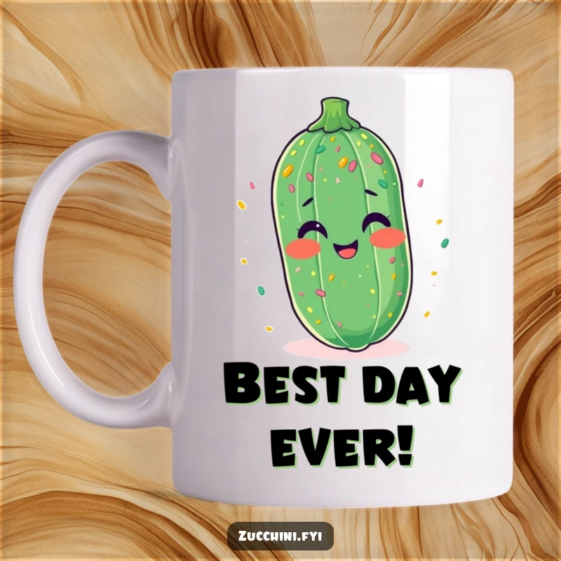 Funny mug showing a zucchini hysterically giggling while showered with colorful confetti.