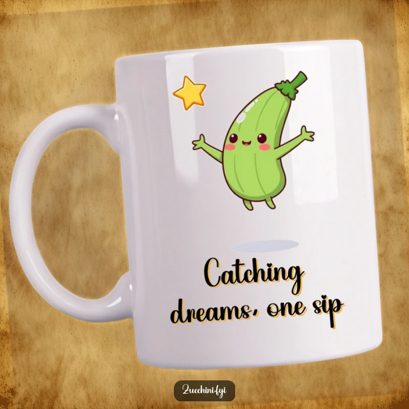 Funny Jumping Zucchini Mug: A joyful zucchini leaps up with outstretched arms, catching a twinkling falling star, symbolizing aspiration and humor.