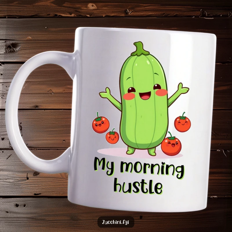 Funny kawaii zucchini cheerfully juggling three tiny happy tomatoes, a whimsical and funny illustration for food lovers.