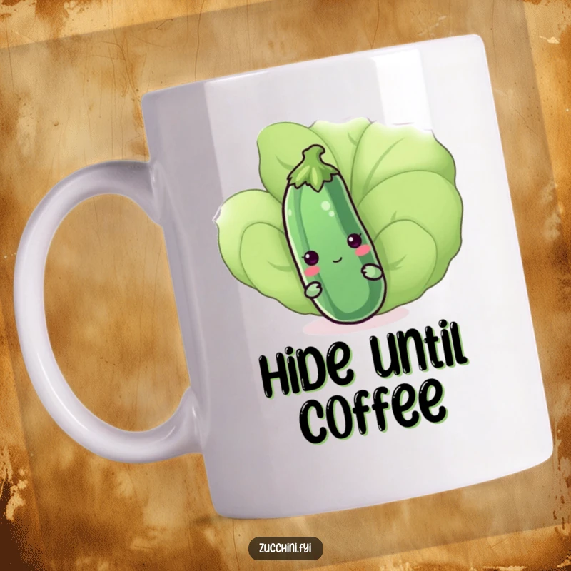 Funny kawaii zucchini shyly peeking from behind a large green leaf, expressing bashfulness on a mug, great for gifts.