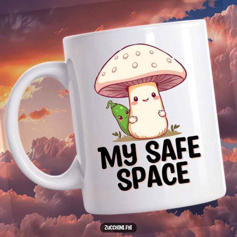 Funny mug featuring a shy green zucchini peeking its head out from behind a large, cheerful smiling mushroom, exuding quirky charm.