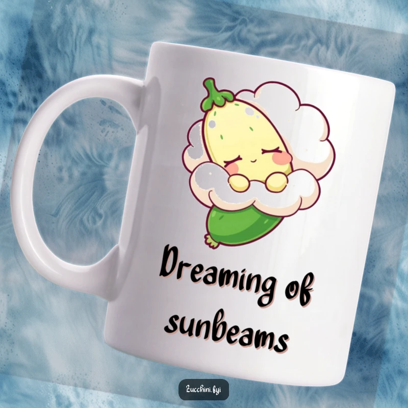 Funny sleepy zucchini mug showing a drowsy zucchini being carried by a fluffy cloud, embodying sweet dreams and gentle humor.